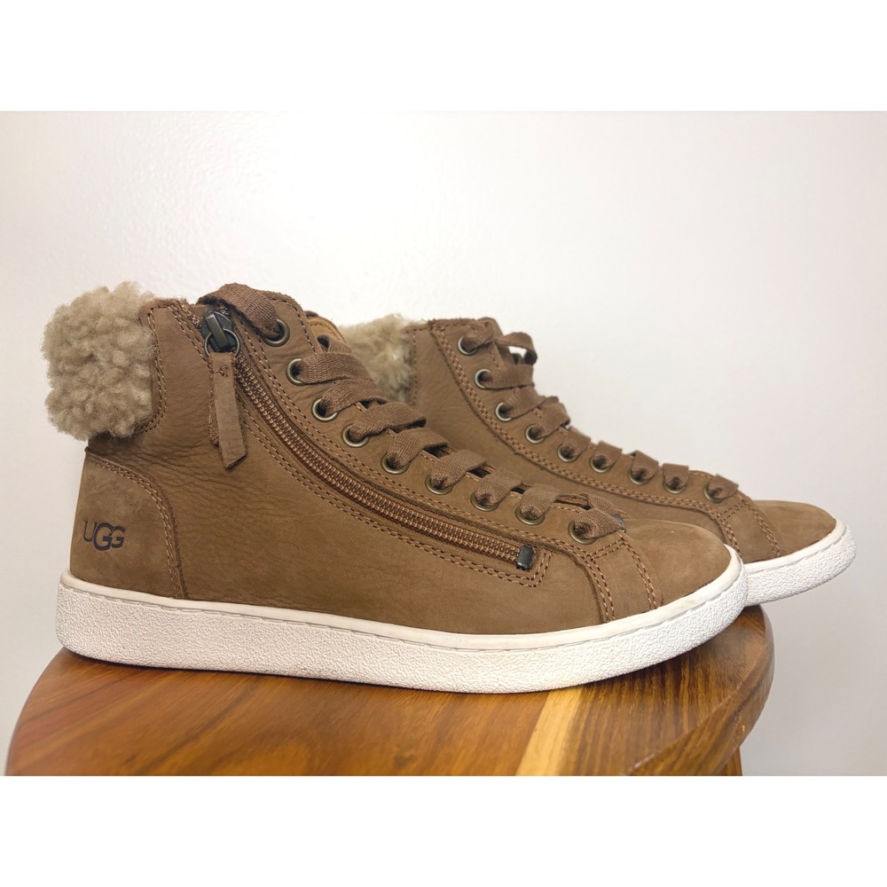 UGG Olive High Top Sneakers Chestnut Leather Shearling Collar Zip Bootie Women 7
